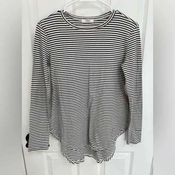 Cherish Black White Stripe Brown Elbow Patch Long Sleeve High Low Hem Tee Size M - Picture 1 of 6